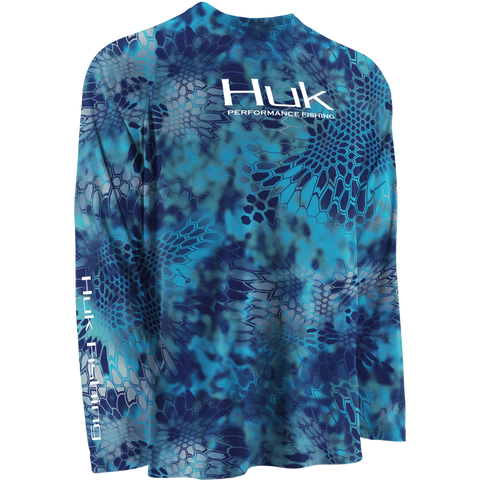 Huk Mens Performance Fishing Shirt Medium Blue Water Pattern Stretch Long  Sleeve 