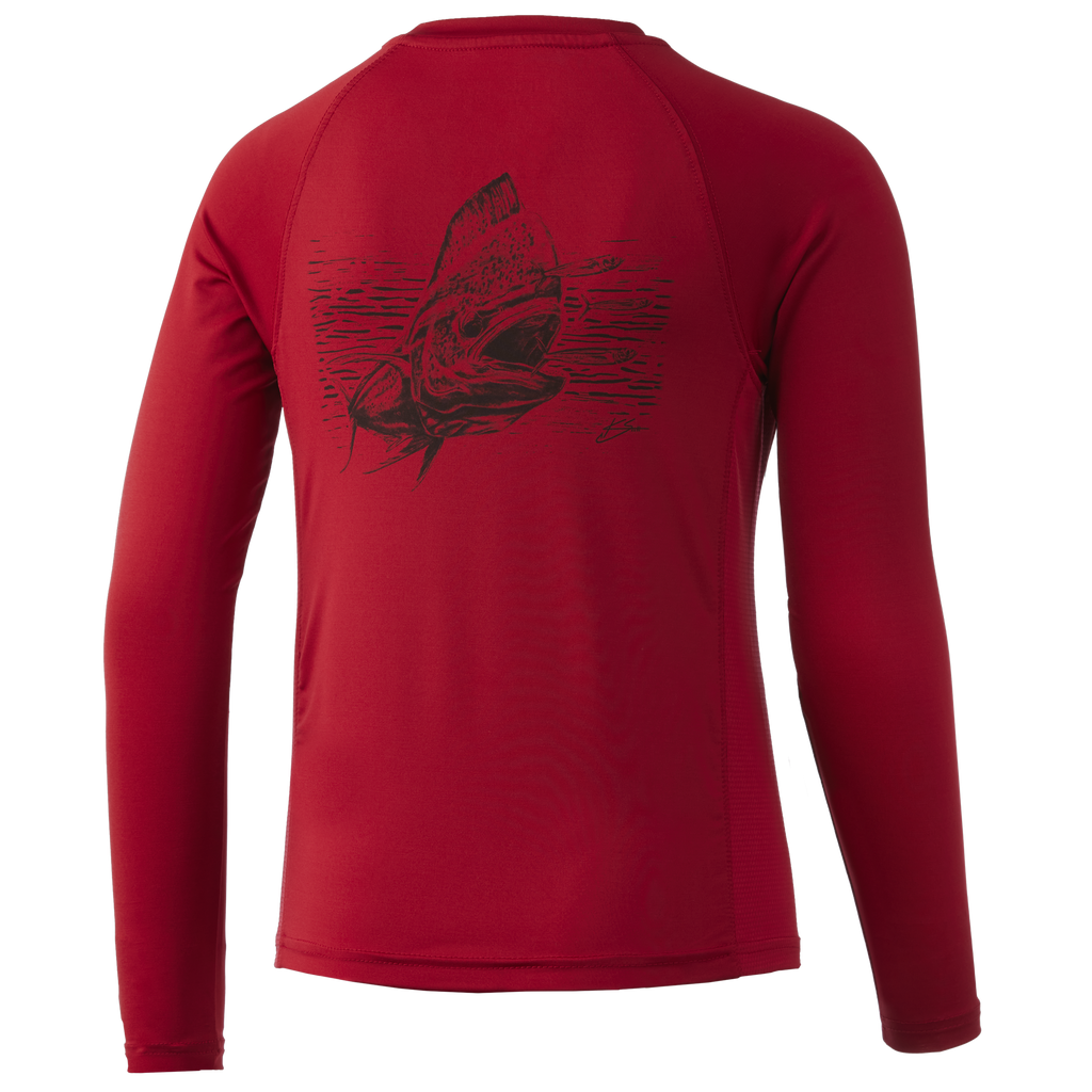 HUK Kids' Standard Printed Long Sleeve Shirt +Sun Protection, KC Big Bull-Blood Red