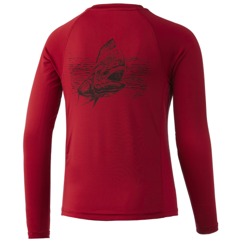 HUK Kids' Standard Printed Long Sleeve Shirt +Sun Protection, KC Big Bull-Blood Red
